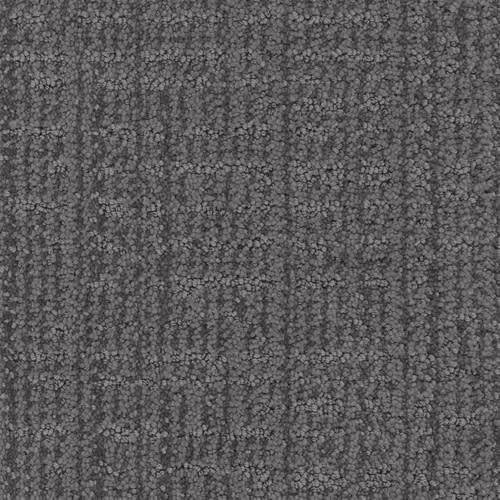 Close-up of Occasion On Trend Carpet in Hoopla color, showing its dark gray, grid-like linear pattern with small tufty loops for a soft, textured surface.