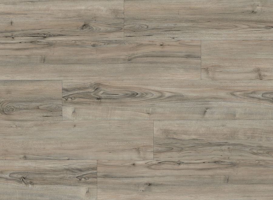 Light brown wooden floor planks with natural grain patterns and knots, arranged in a staggered layout. The surface has a matte finish, showcasing various shades of beige, gray, and tan.