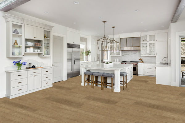 A kitchen with a large island.