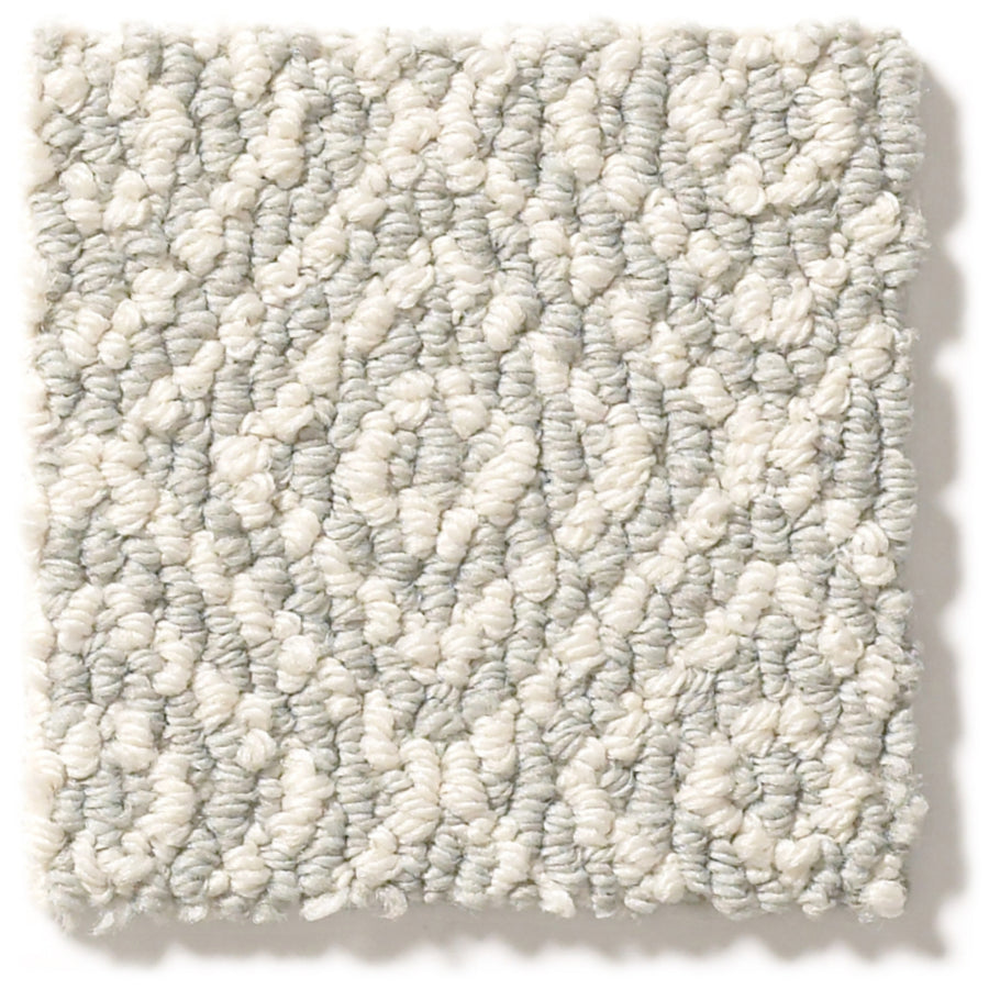 A square sample of Stroll Pet Friendly Carpet in loop style, featuring a light gray and white diamond geometric pattern—perfect for those seeking durable, pet-friendly flooring options.