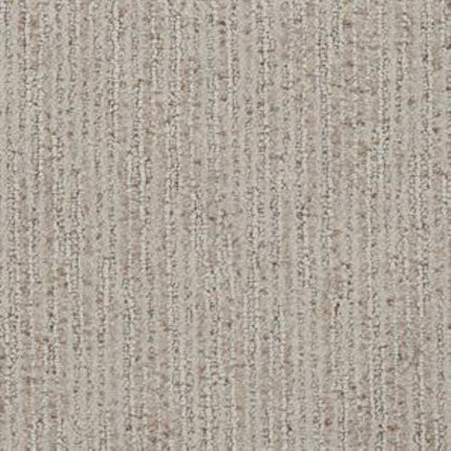 Close-up of Suspicion Family Friendly Carpet in Impression—a beige, stain-resistant style with subtle vertical stripes and a mix of light and darker fibers for a soft, neutral, family-friendly look.