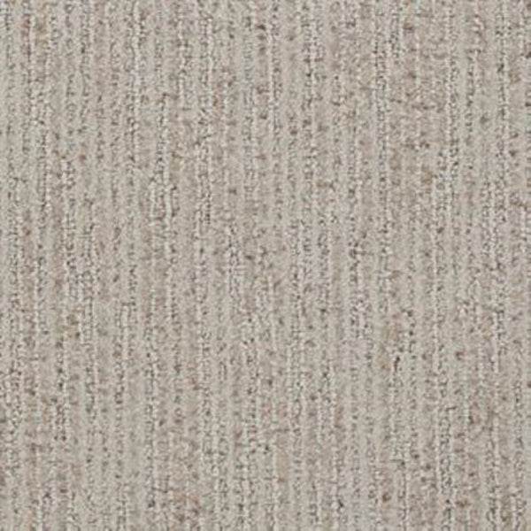 Close-up of Suspicion Family Friendly Carpet in Impression—a beige, stain-resistant style with subtle vertical stripes and a mix of light and darker fibers for a soft, neutral, family-friendly look.