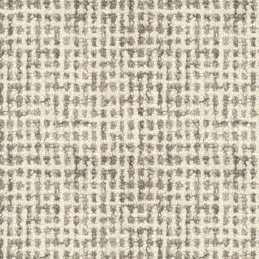 A close-up of Inspiration On Trend Carpet shows a textured, woven grid pattern in light beige and gray, featuring intersecting lines for a subtle plaid look—ideal for adding modern style to any space.