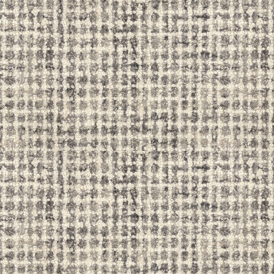 The Inspiration On Trend Carpet features a soft, woven texture with intersecting gray and beige lines in a plaid pattern, adding stylish appeal to any space.