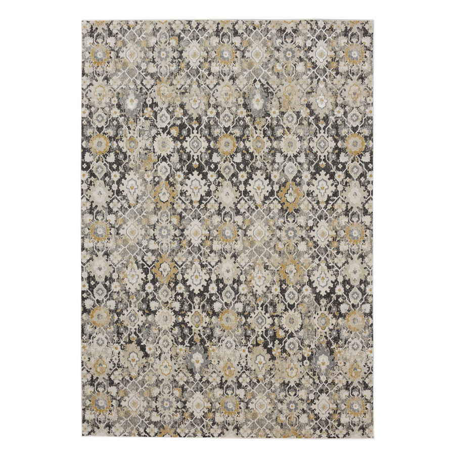 The Windermere Ireby Gray Area Rug features an ornate rectangular design with intricate floral and geometric patterns in beige, cream, and gold tones, creating a luxurious, classic look with symmetrical, densely detailed elegance.