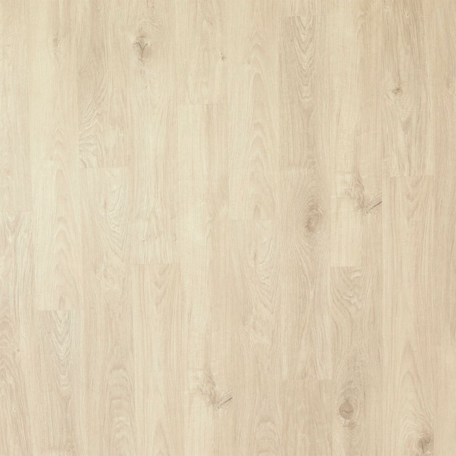 Casita Terrace 7 1/2" Waterproof Laminate in Iris Oak features a light, natural wood grain with subtle knots, matte finish, and varying beige and light brown shades for a seamless luxury look that’s moisture resistant.