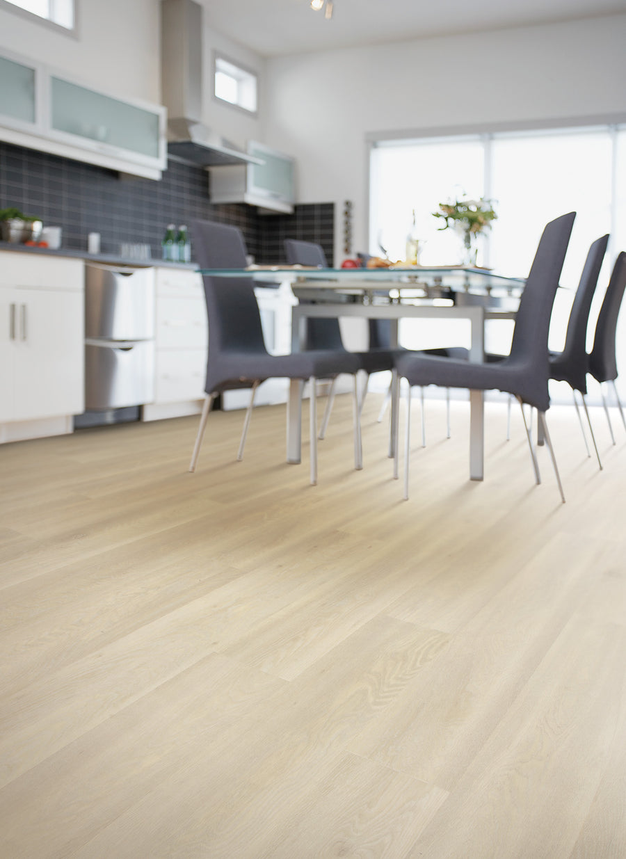 Modern kitchen and dining area with light wood flooring, a glass dining table surrounded by sleek dark chairs, white cabinets, stainless steel appliances, and large windows letting in natural light.
