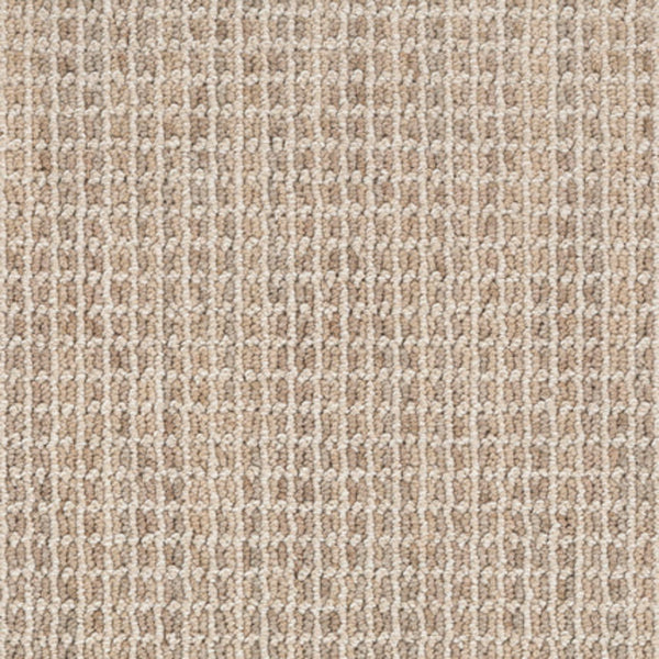 Close-up of the Haven Berber Carpet in Ivory, featuring a grid-like textured pattern with light and medium brown fibers for a subtle, repetitive geometric design.