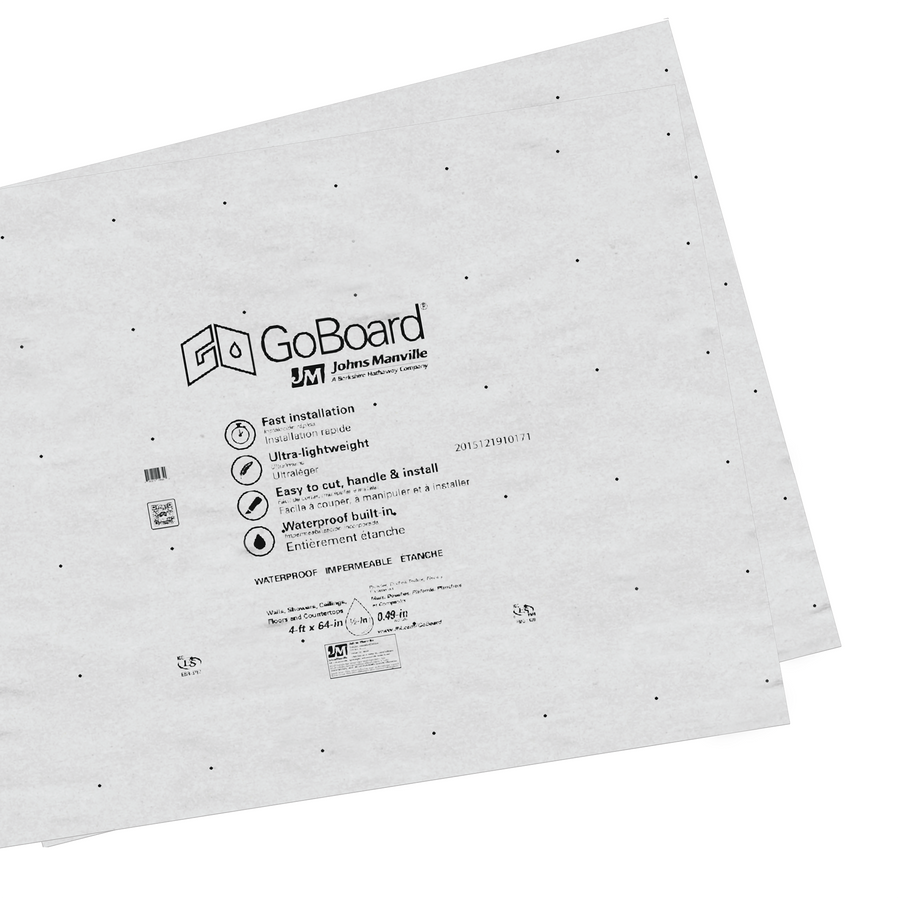 Two sheets of GoBoard 1/2" 4 x 64 feature printed installation instructions and product details on a white, slightly textured surface for quick installation as premium waterproof tile underlayment by Johns Manville.