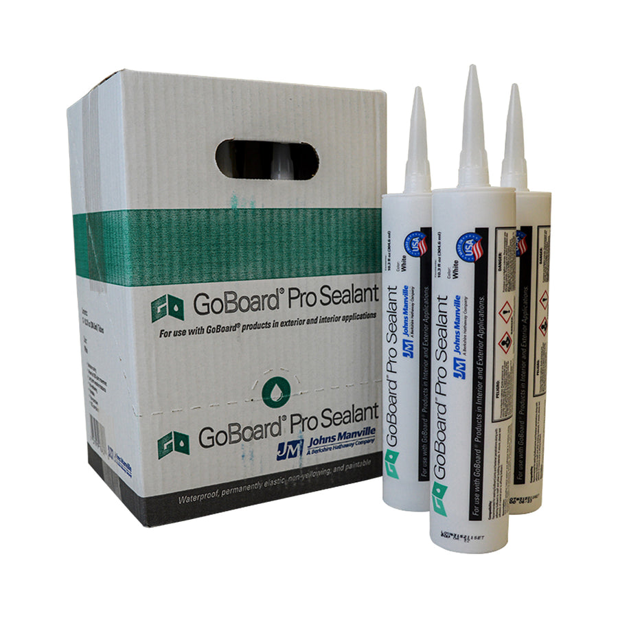 Three tubes of GoBoard Pro Sealant stand upright next to a white and green product box labeled “GoBoard Pro Sealant,” designed for use with GoBoard products by Johns Manville.