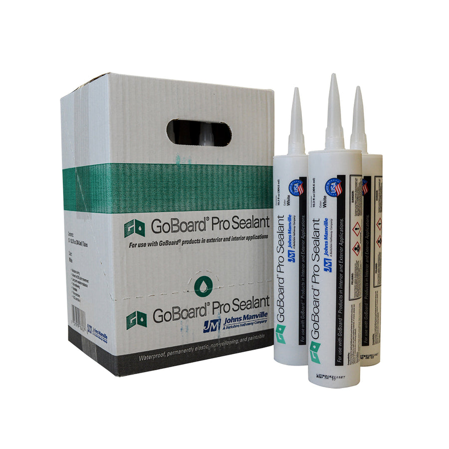 A box labeled GoBoard Pro Sealant by Johns Manville stands next to three upright caulking tubes of the same product, used for sealing in construction or remodeling projects.