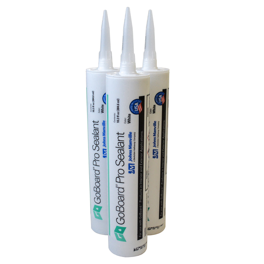 Three tubes of GoBoard Pro Sealant with pointed nozzles are standing upright side by side. The tubes are white with blue and green labeling and text.