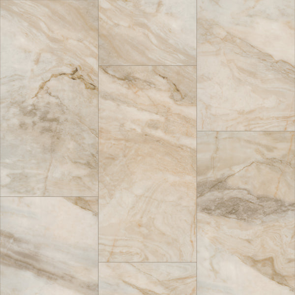 Paragon Tile Plus Vinyl features beige and cream tones with natural, wavy veining in tan, gold, and light gray. Arranged in a staggered pattern, its smooth, polished surface highlights the stone-inspired variations of this stylish flooring.