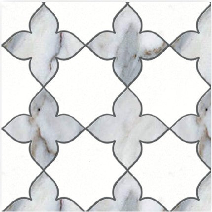 The Jazmin Polished Marble Mosaic Tile features a white marble pattern with a repeating floral or quatrefoil design outlined in gray, adding a geometric and decorative touch of luxury to any space.