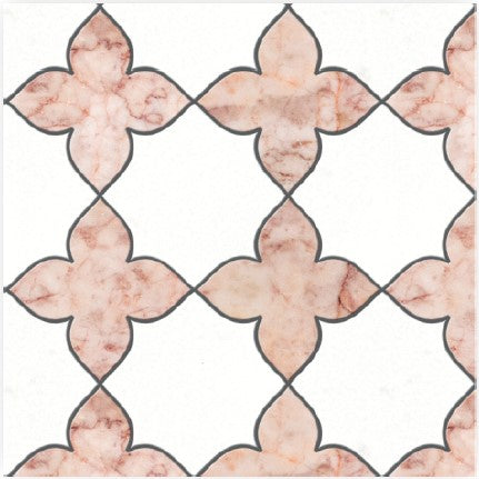 The Jazmin Polished Marble Mosaic Tile features pink, polished marble four-petal floral shapes outlined in black, arranged diagonally on a white background for a luxury, repeating geometric design.