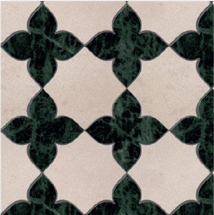 Jazmin Polished Marble Mosaic Tile features cream, four-sided shapes outlined by dark green polished marble, creating symmetrical clover-like patterns at the intersections for a luxurious geometric tile look.