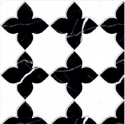 The Jazmin Polished Marble Mosaic Tile features a black and white flower-inspired pattern with four-petal shapes in polished marble on a white background, offering a luxurious, elegant look.