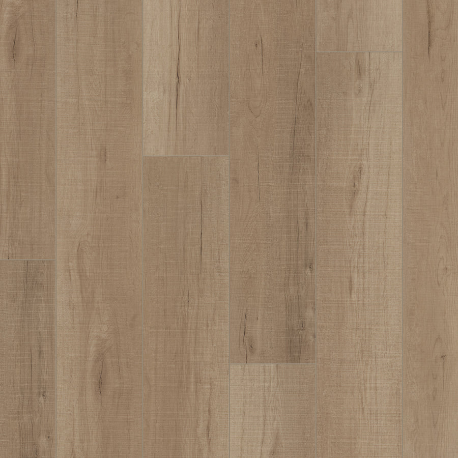 Coretec Plus Enhanced Vinyl features wide planks in a light brown, waterproof finish with natural grain, visible knots, and subtle color variations for a rustic, warm look.