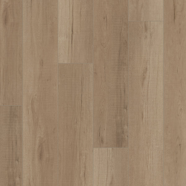 Coretec Plus Enhanced Vinyl features wide planks in a light brown, waterproof finish with natural grain, visible knots, and subtle color variations for a rustic, warm look.
