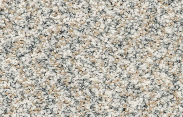 Close-up of the Innovative Comfort III Pet Friendly Carpet in Jubilee, showcasing its soft, speckled texture with beige, gray, and cream fibers. This luxury carpet is both stain resistant and pet friendly.