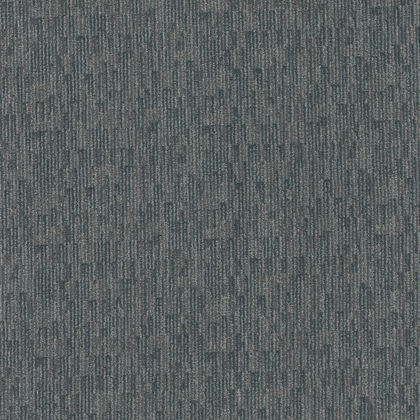 Close-up of Sneak Peak Berber Carpet in Juniper, featuring a textured, soft looped surface with a dense pile and a subtle pattern of thin vertical and horizontal lines in varying gray and blue tones for durable flooring.