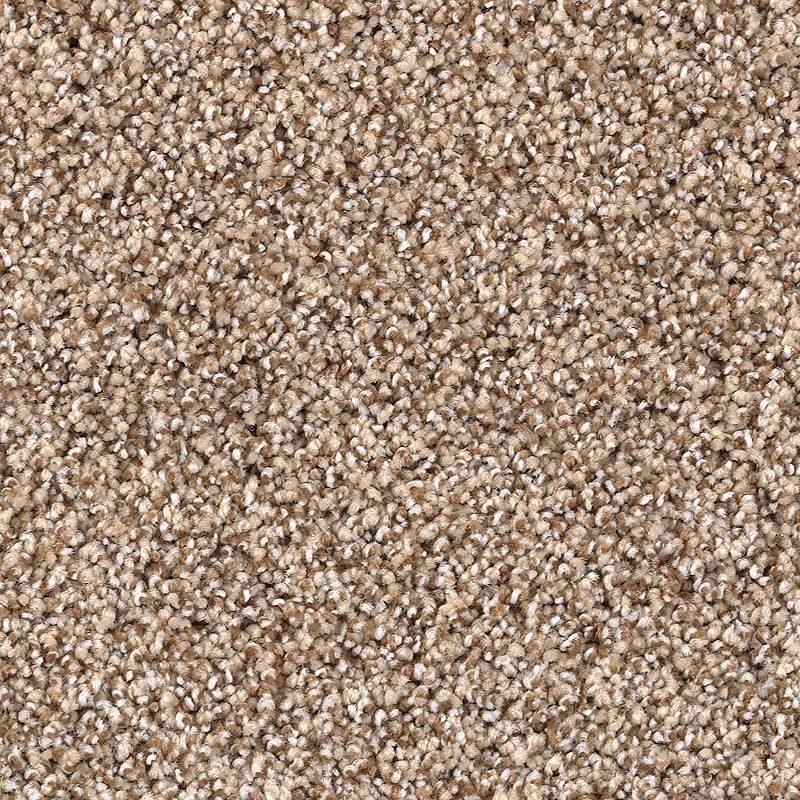 Close-up of Shaded Escape Family Friendly Carpet in Jute color, showing its looped pile and tightly woven fibers that create a soft, speckled look—durable and ideal for family spaces.