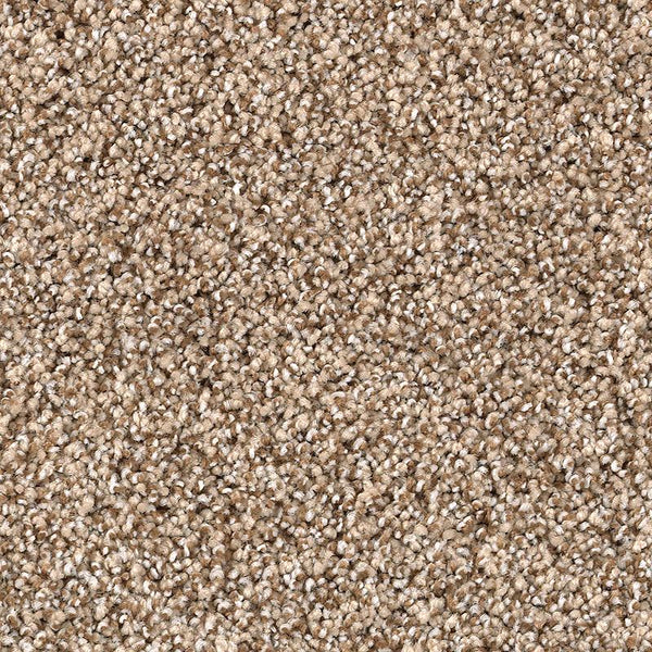 Close-up of Shaded Escape Family Friendly Carpet in Jute color, showing its looped pile and tightly woven fibers that create a soft, speckled look—durable and ideal for family spaces.