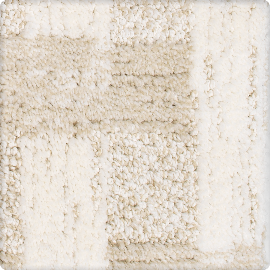 Close-up of the Polished Structure On Trend Carpet in beige and cream, showcasing its luxurious, checkered pattern with varying pile heights and woven sections for a soft, inviting look.