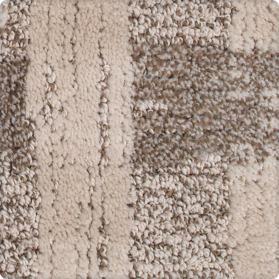 Close-up of the Polished Structure On Trend Carpet featuring a geometric striped pattern in beige, cream, and brown fibers. The mix of loops and cut pile creates a soft, luxurious surface that highlights its sophisticated design.