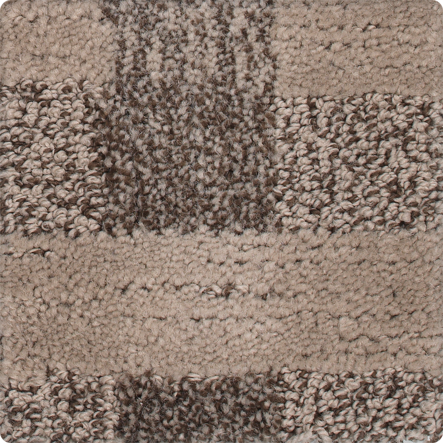 Close-up of Polished Structure On Trend Carpet, showcasing a luxurious checkerboard pattern with alternating smooth and looped tufted squares in neutral beige and brown tones, enhanced by subtle shading variations.