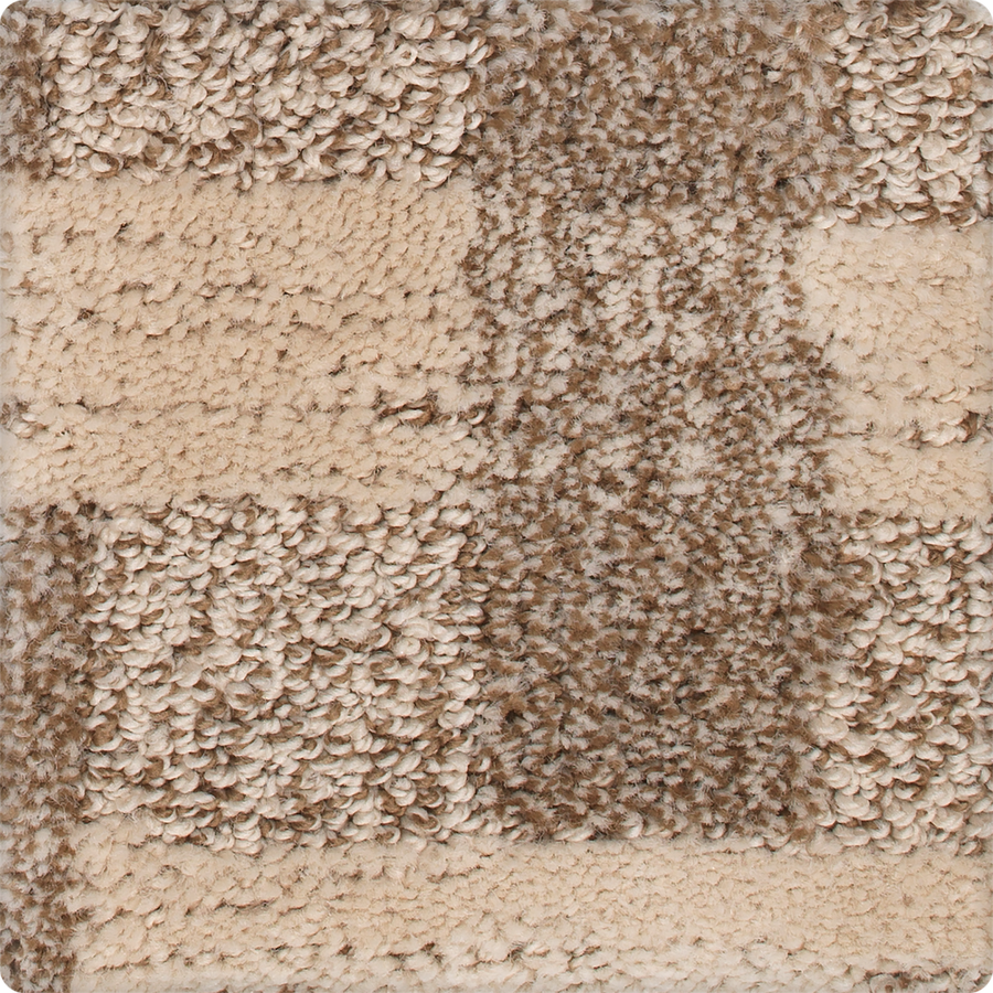 A close-up of Polished Structure On Trend Carpet shows textured, looped and tufted fibers in a sophisticated checkered pattern of beige and brown squares and rectangles.