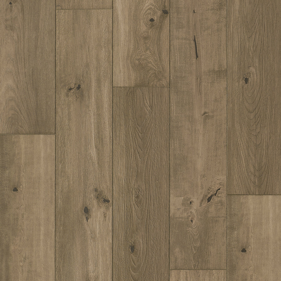 Close-up of Novelette 7.56" Waterproof Laminate in King, showing brown planks with visible wood grain, knots, and a rustic natural texture arranged parallel for an authentic finish.