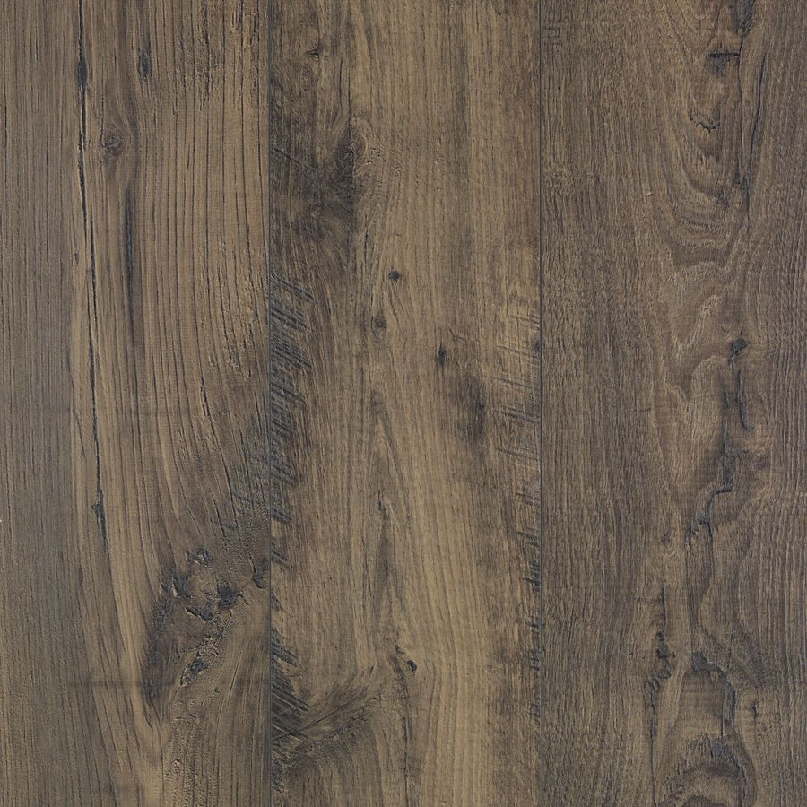 Close-up of three wide Rare Vintage 7 1/2" Waterproof Laminate planks in Knotted Chestnut, featuring rustic, weathered texture and rich brown tones—ideal inspiration for luxury or vintage flooring designs.