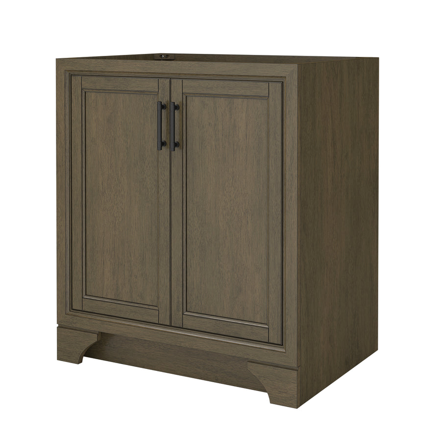 A brown wooden cabinet with two paneled doors, black handles, and a raised base. The cabinet has a simple, modern design and no visible shelves or items inside.