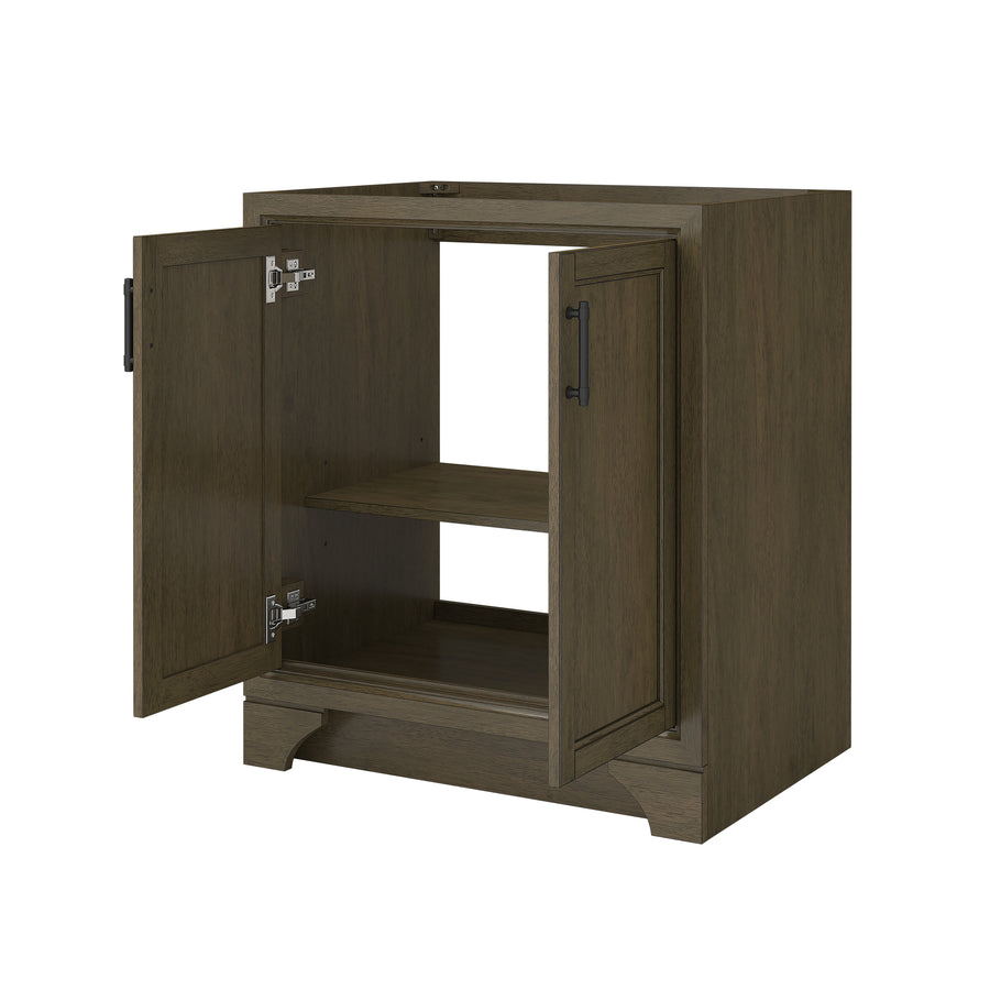 A brown wooden cabinet with two open doors, revealing a single interior shelf and an empty top surface. The cabinet stands on short legs and has black metal handles on each door.
