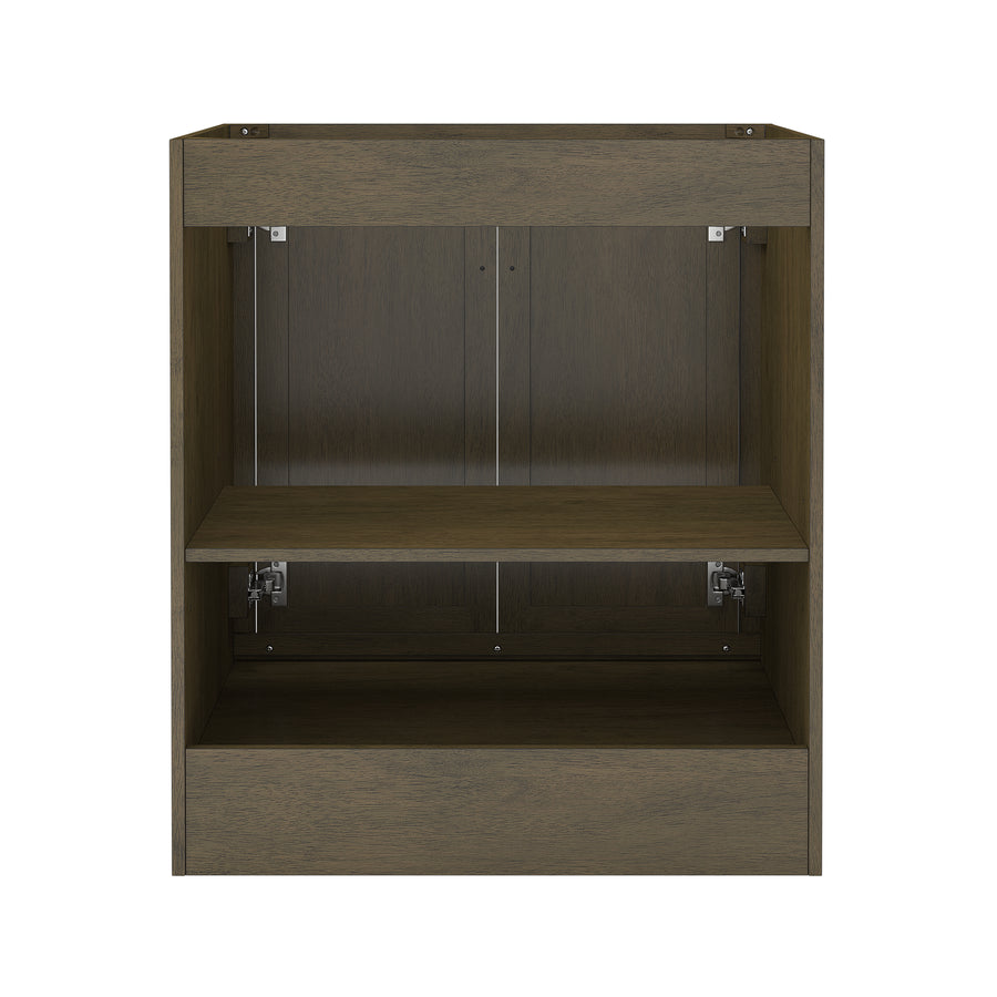 A front-facing view of an empty, dark wood cabinet with a middle shelf and visible metal hardware on the inside. The cabinet has a rectangular shape and a smooth, modern finish.