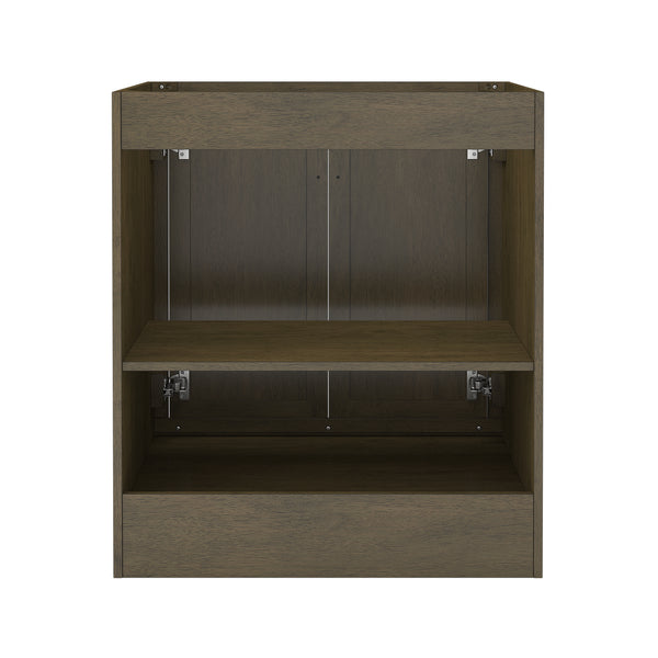A front-facing view of an empty, dark wood cabinet with a middle shelf and visible metal hardware on the inside. The cabinet has a rectangular shape and a smooth, modern finish.