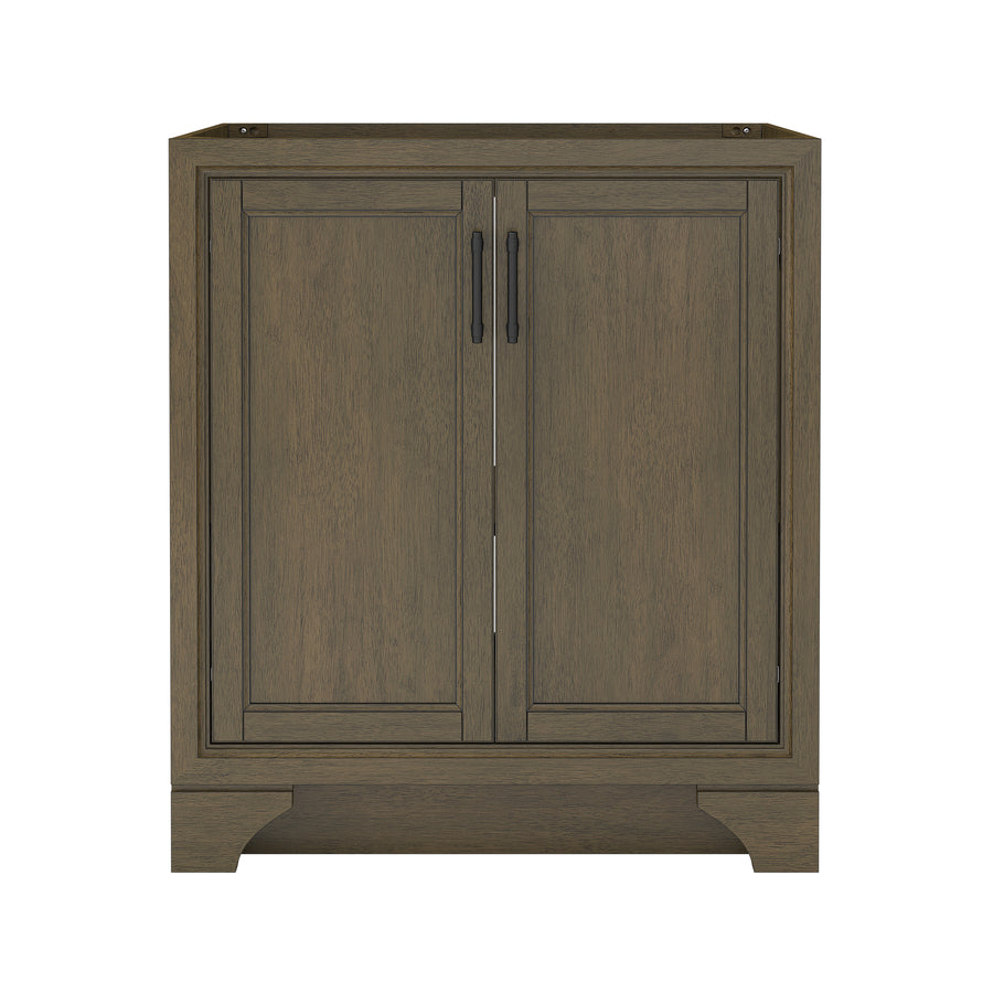 A wooden cabinet with a natural brown finish, featuring two front doors with vertical black handles and a raised panel design, standing on short legs with a cutout at the base.