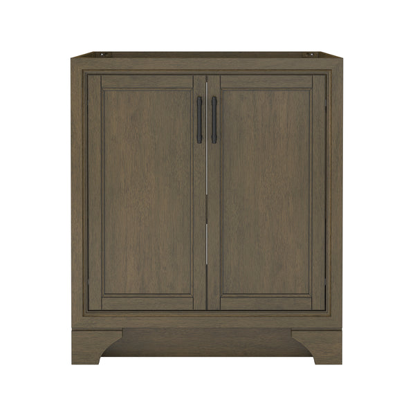 A wooden cabinet with a natural brown finish, featuring two front doors with vertical black handles and a raised panel design, standing on short legs with a cutout at the base.