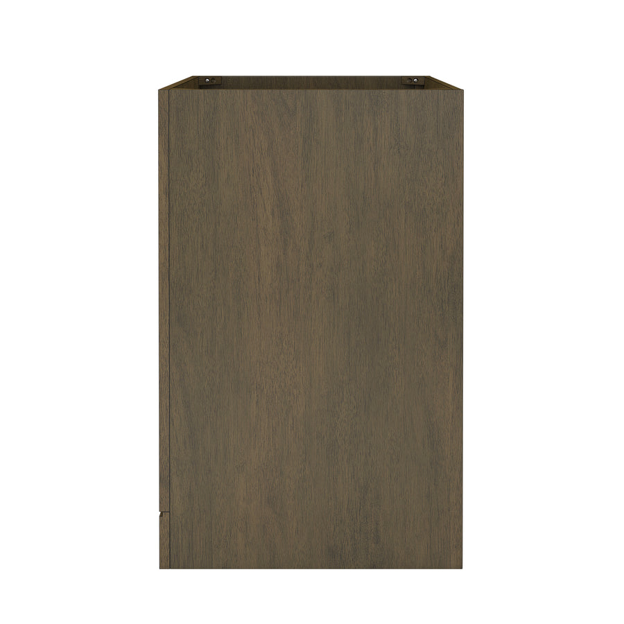 A tall, rectangular wooden cabinet with a smooth, dark brown finish and no visible handles or decorations, viewed from the front against a white background.
