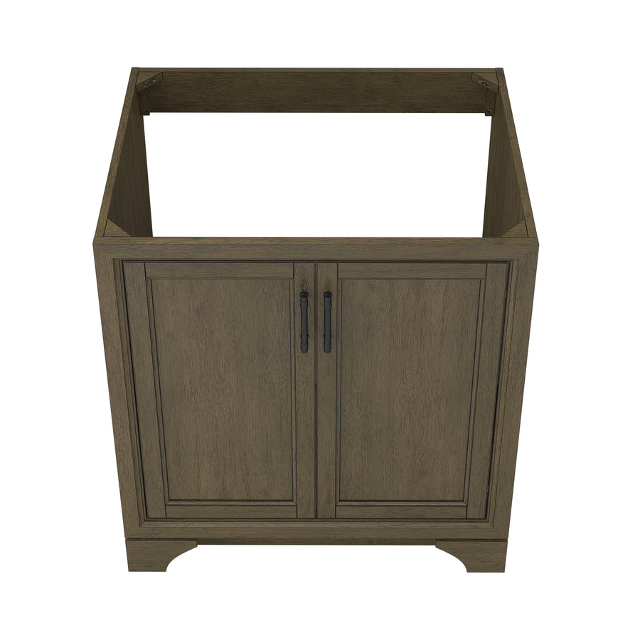 A wooden bathroom vanity base with two paneled doors and dark metal handles, shown without a countertop or sink, in a brown finish.