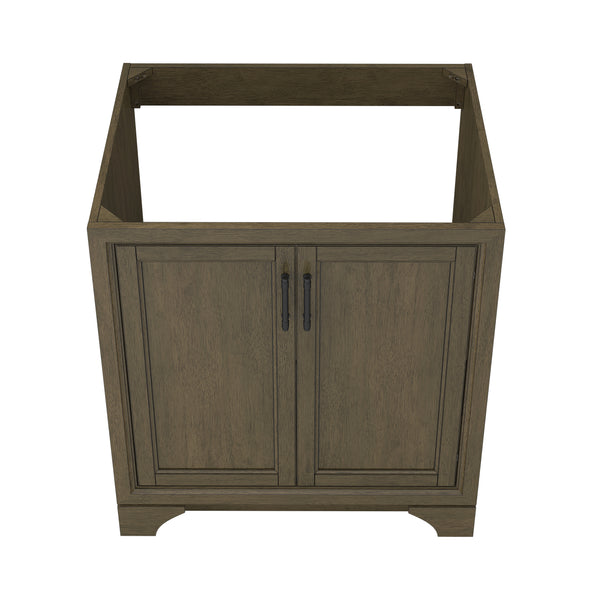 A wooden bathroom vanity base with two paneled doors and dark metal handles, shown without a countertop or sink, in a brown finish.