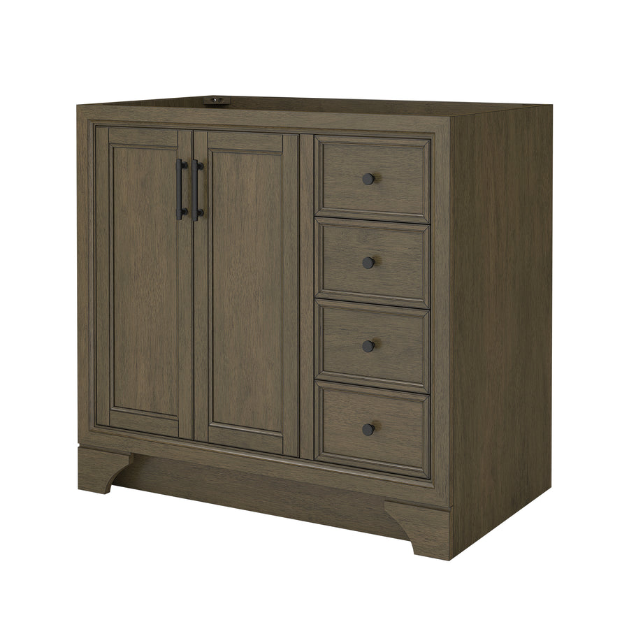 A wooden bathroom vanity with a brown finish, featuring two cabinet doors on the left with black handles and four stacked drawers on the right, each with round black knobs.