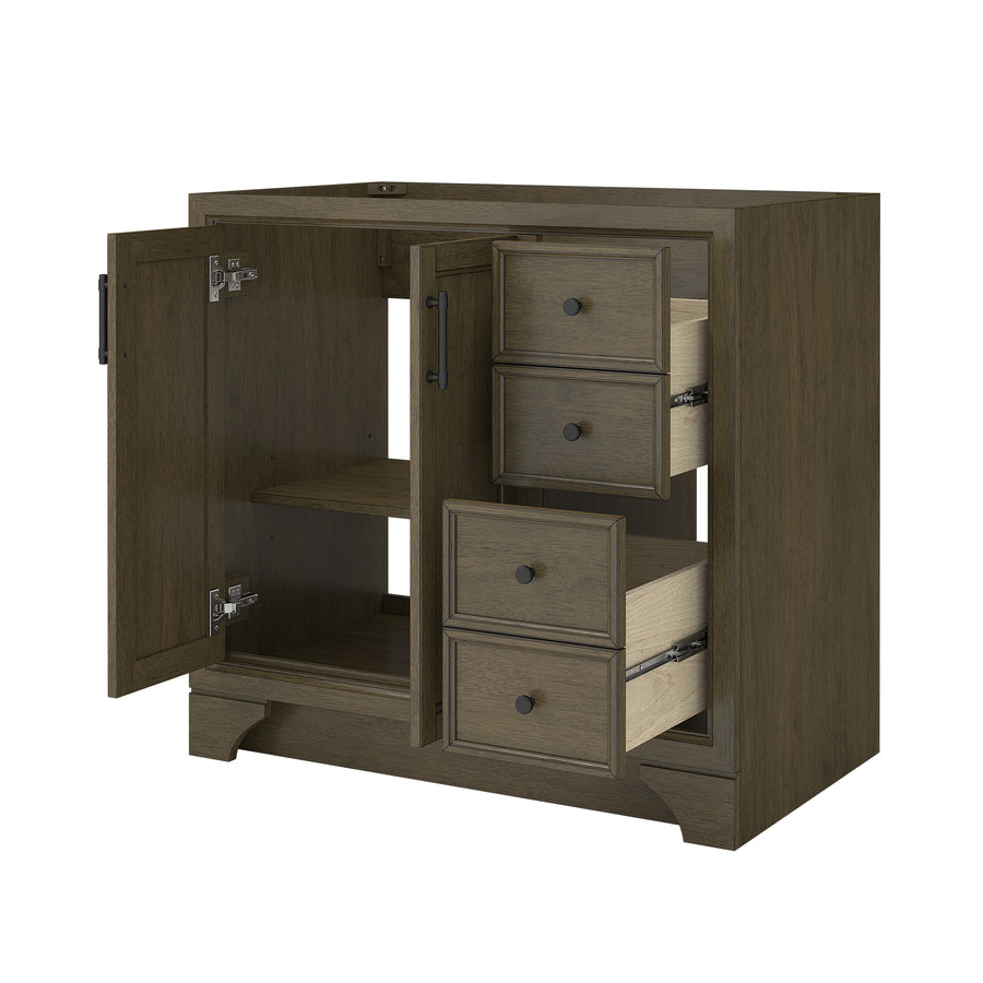 A wooden cabinet with a dark brown finish, featuring three drawers on the right side, all partially open, and a double-door cupboard on the left with two shelves, one visible and both doors open.