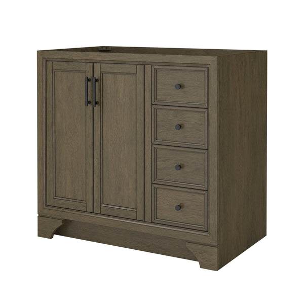A wooden bathroom vanity with a brown finish, featuring two cabinet doors on the left with black handles and four stacked drawers on the right, each with round black knobs.
