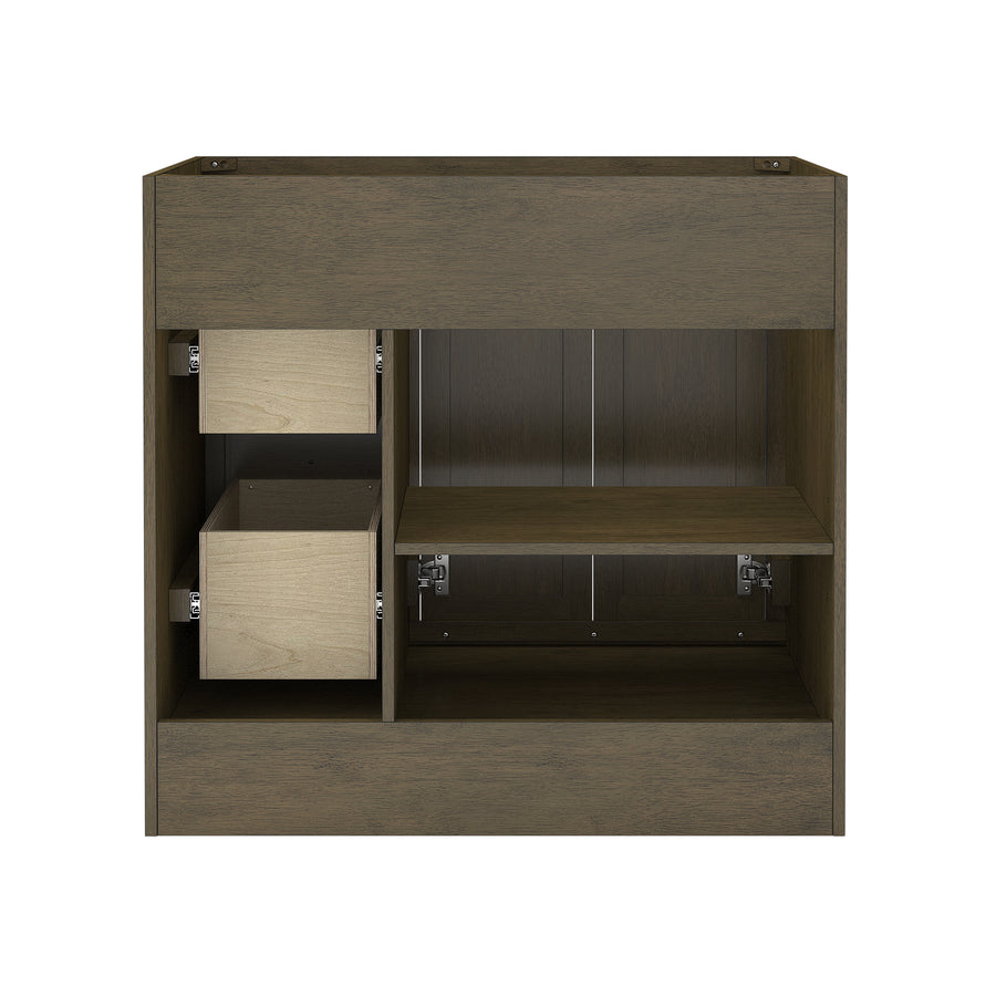 A brown wooden cabinet with two left-side drawers, an open shelf on the right, and an empty space below, viewed from the front against a white background.