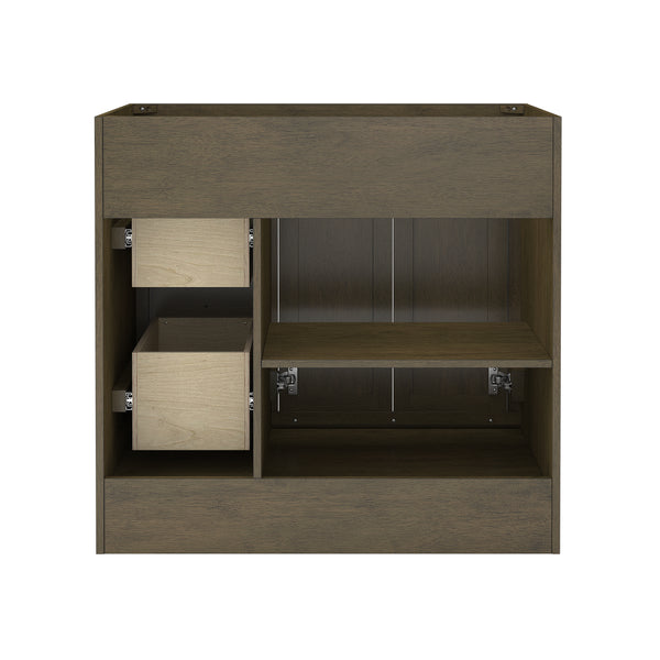 A brown wooden cabinet with two left-side drawers, an open shelf on the right, and an empty space below, viewed from the front against a white background.
