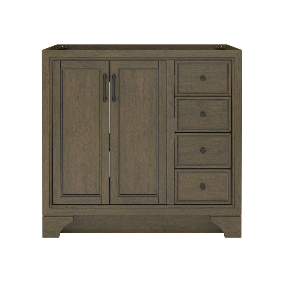 A wooden bathroom vanity with a brown finish, featuring two cabinet doors on the left and four drawers with round knobs on the right. The vanity has simple, clean lines and no countertop.