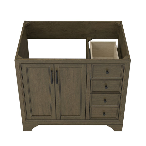 A wooden bathroom vanity cabinet with two doors on the left, four drawers on the right, and an open top designed for a sink installation. The top right drawer is open.