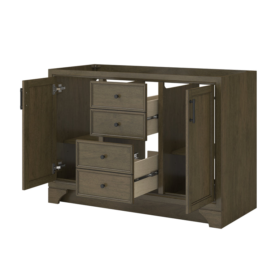 A wooden cabinet with three center drawers partially open and two side doors open to reveal interior storage compartments, all set against a white background.